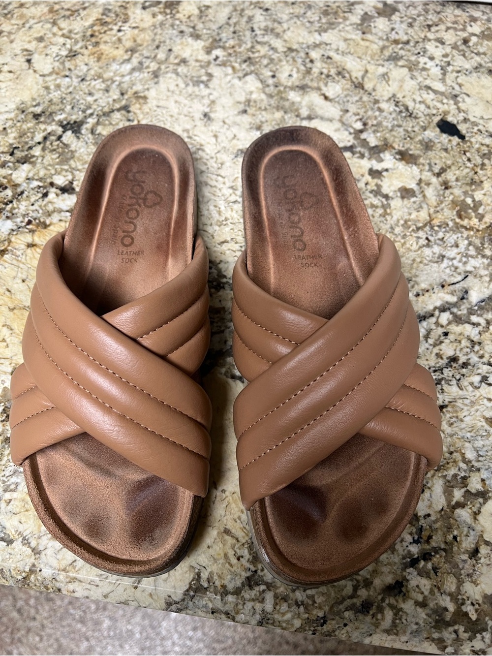 Yokono Leather Crossband Slide Sandals - Tan